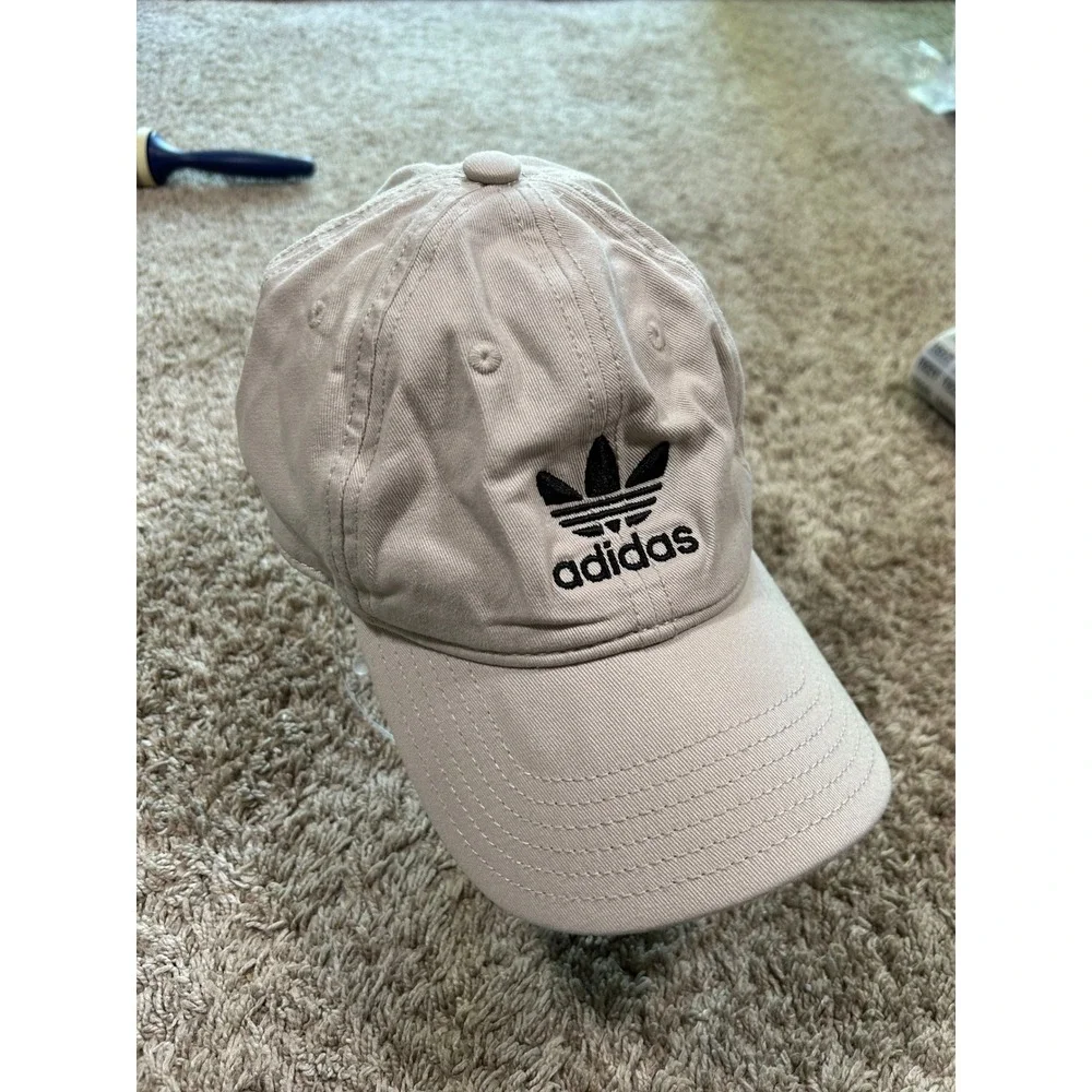 Adidas Originals‎ Trefoil Baseball Cap Beige Tan Black Logo Adjustable Dad Hat